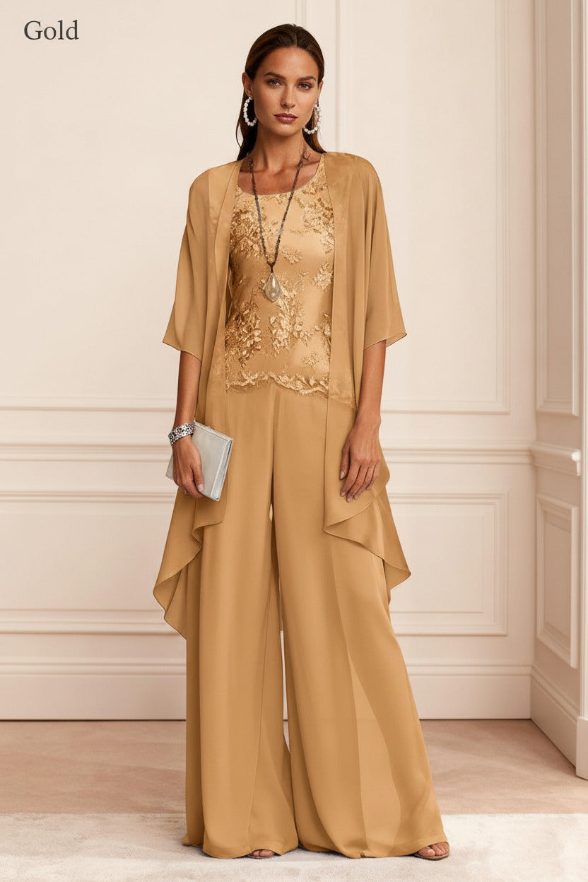 Dreamyannie Dusty Blue Chiffon Appliqued 3 Piece Mother Of The Bride Pant Suits With Jacket
