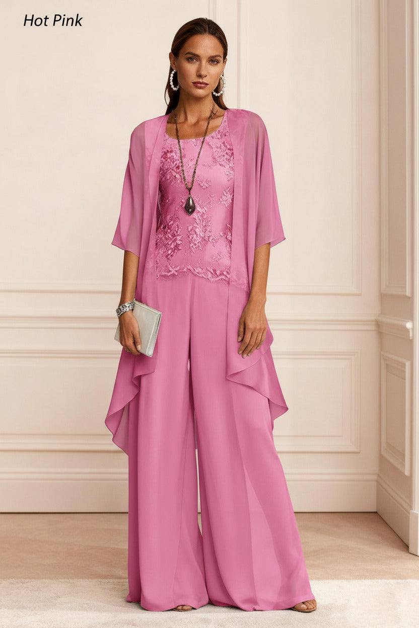 Dreamyannie Dusty Blue Chiffon Appliqued 3 Piece Mother Of The Bride Pant Suits With Jacket