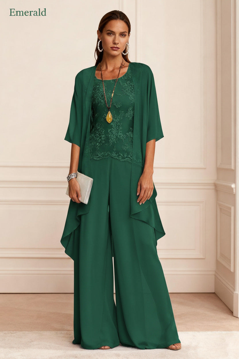 Dreamyannie Dusty Blue Chiffon Appliqued 3 Piece Mother Of The Bride Pant Suits With Jacket