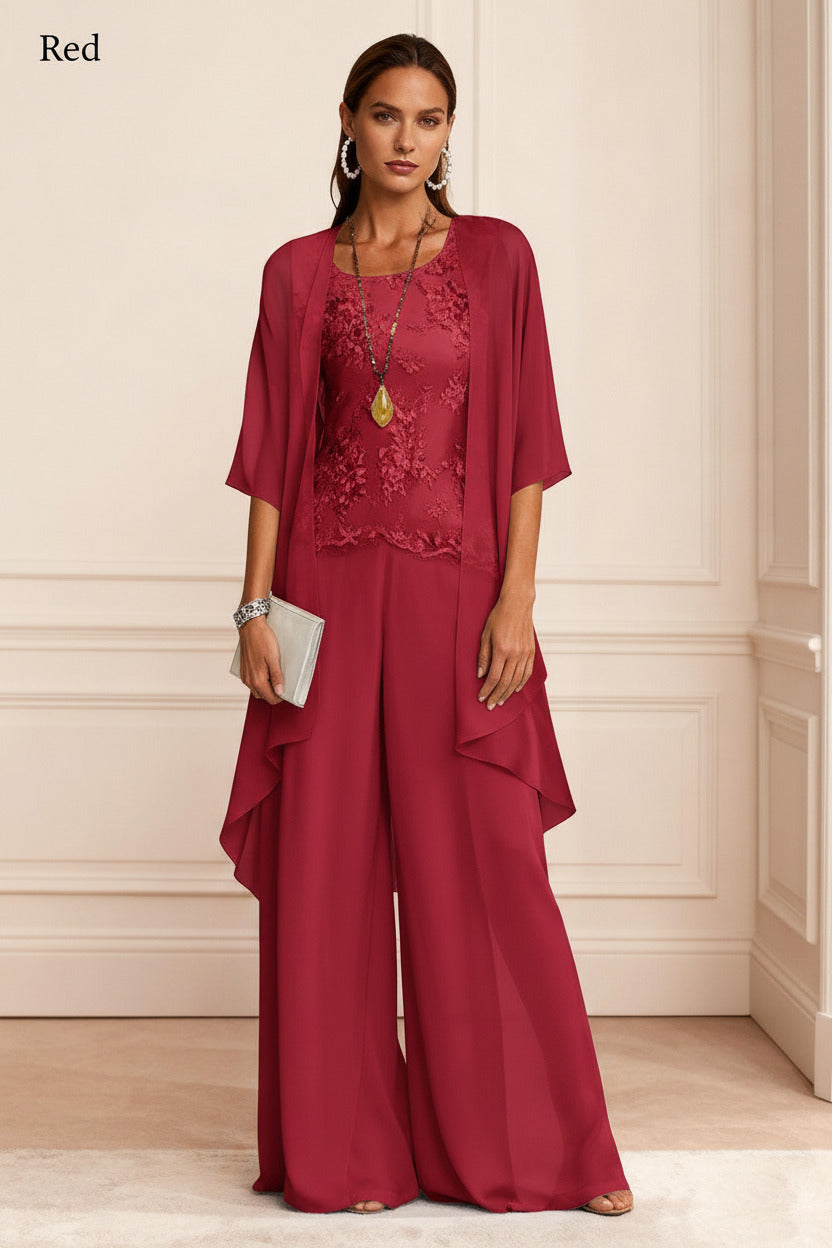 Dreamyannie Dusty Blue Chiffon Appliqued 3 Piece Mother Of The Bride Pant Suits With Jacket
