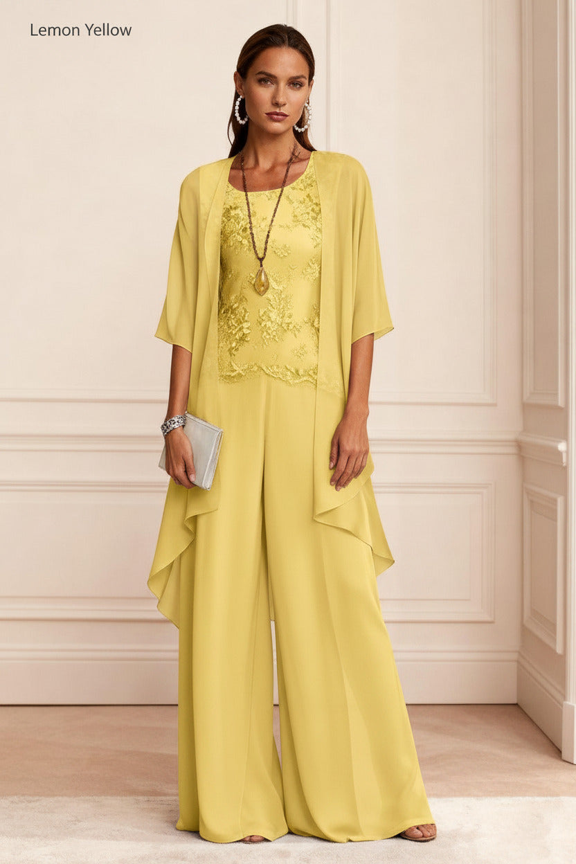 Dreamyannie Dusty Blue Chiffon Appliqued 3 Piece Mother Of The Bride Pant Suits With Jacket