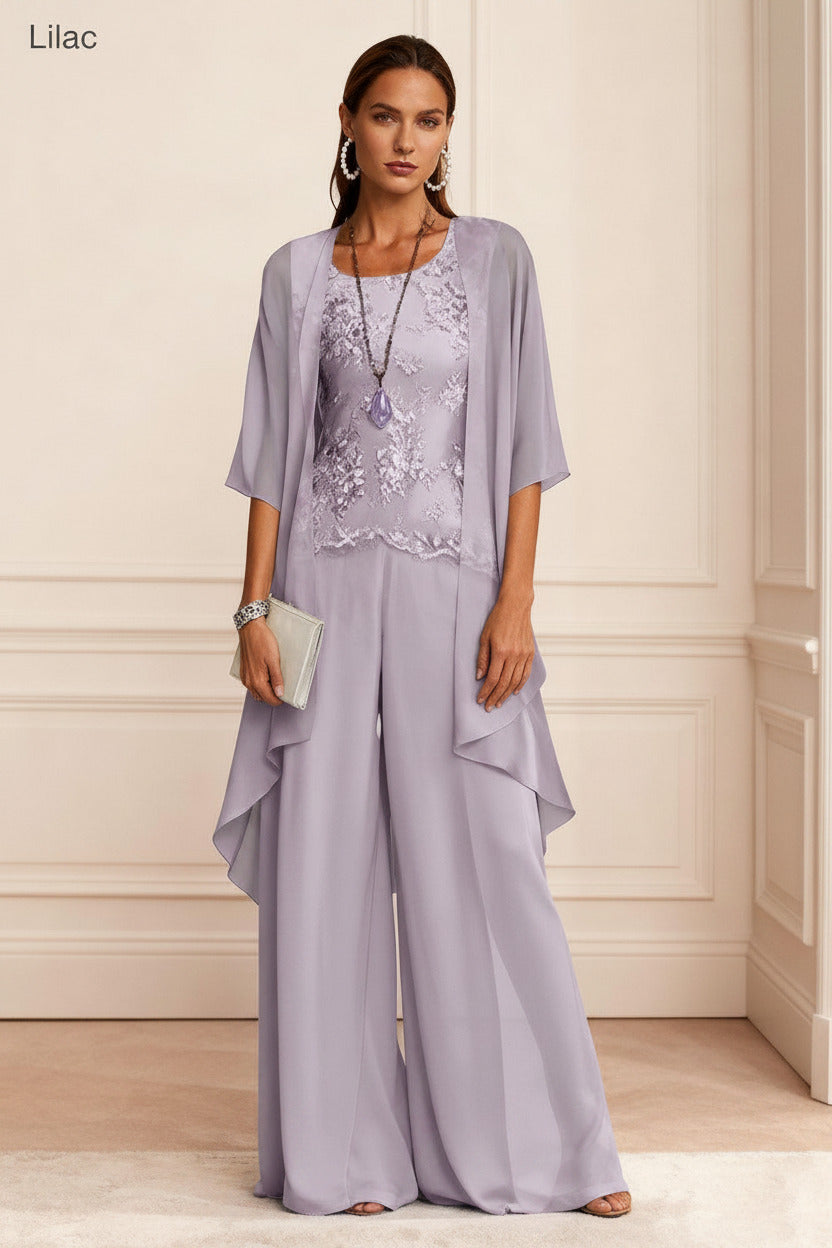 Dreamyannie Dusty Blue Chiffon Appliqued 3 Piece Mother Of The Bride Pant Suits With Jacket