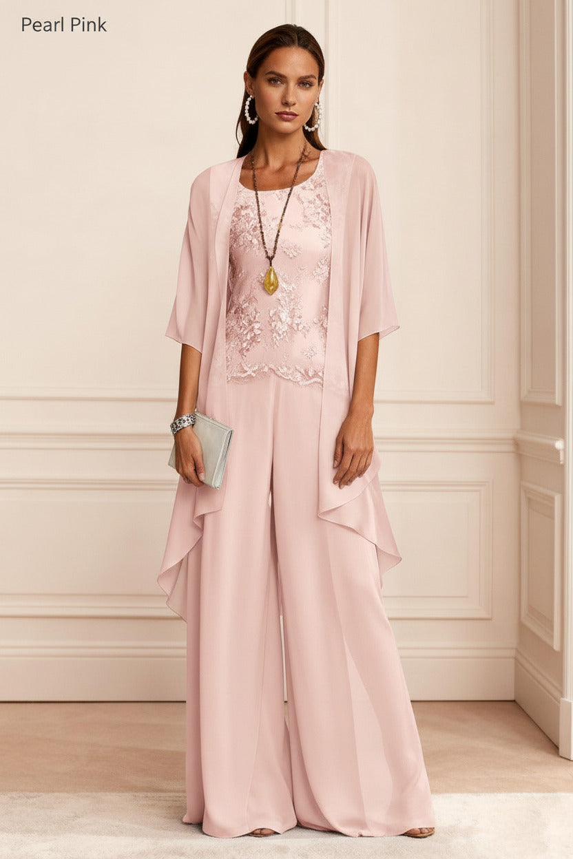 Dreamyannie Dusty Blue Chiffon Appliqued 3 Piece Mother Of The Bride Pant Suits With Jacket
