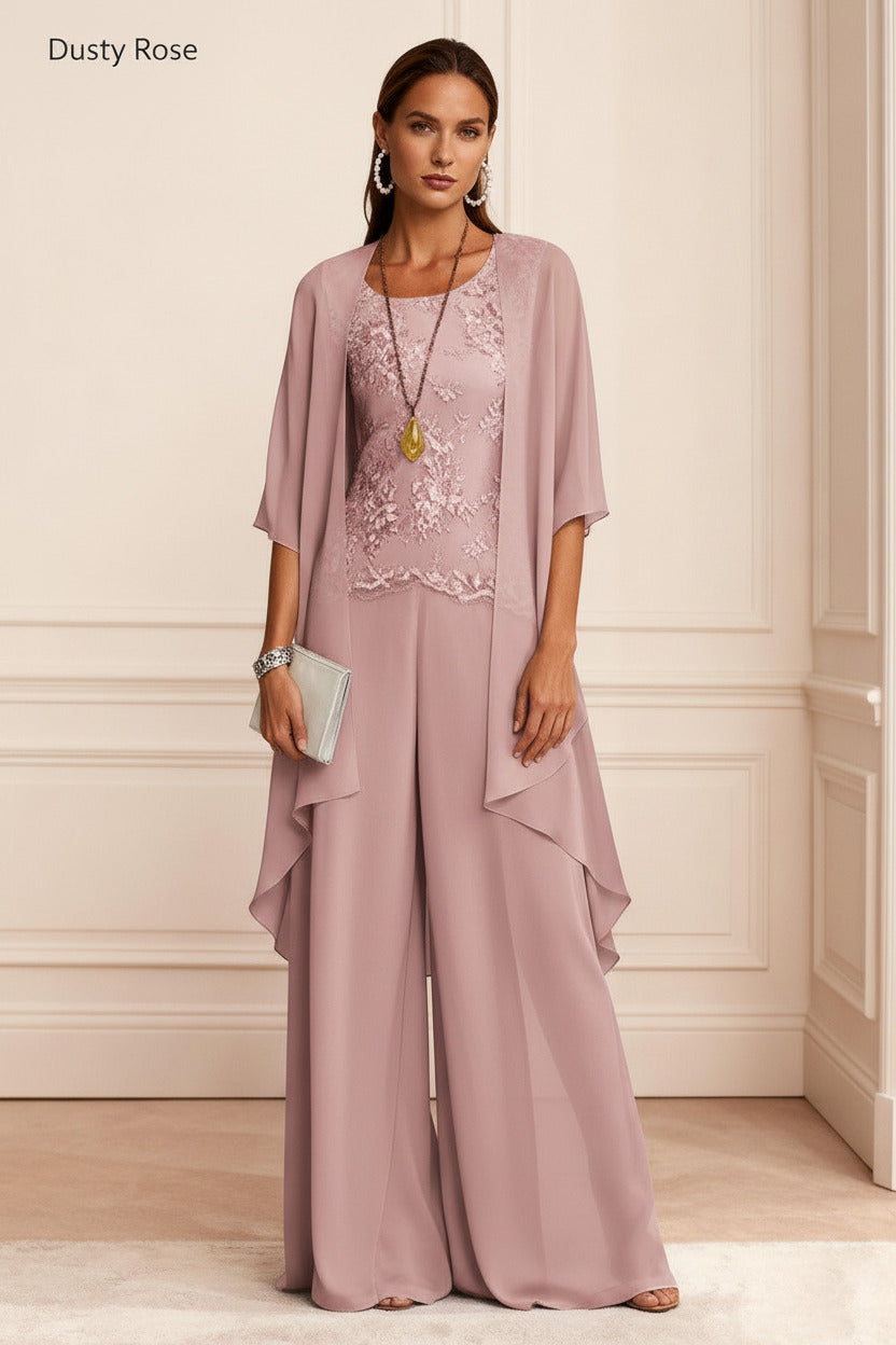 Dreamyannie Dusty Blue Chiffon Appliqued 3 Piece Mother Of The Bride Pant Suits With Jacket