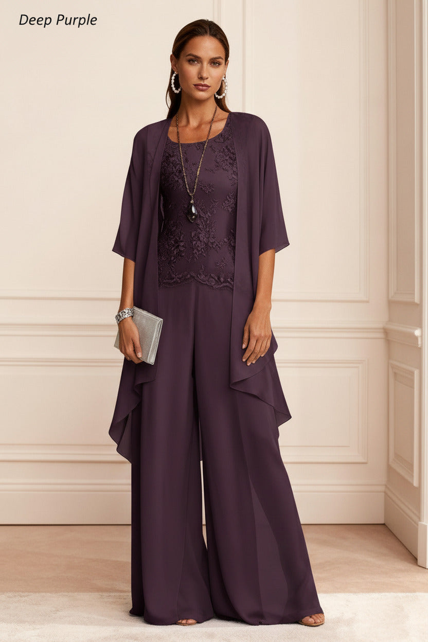 Dreamyannie Dusty Blue Chiffon Appliqued 3 Piece Mother Of The Bride Pant Suits With Jacket