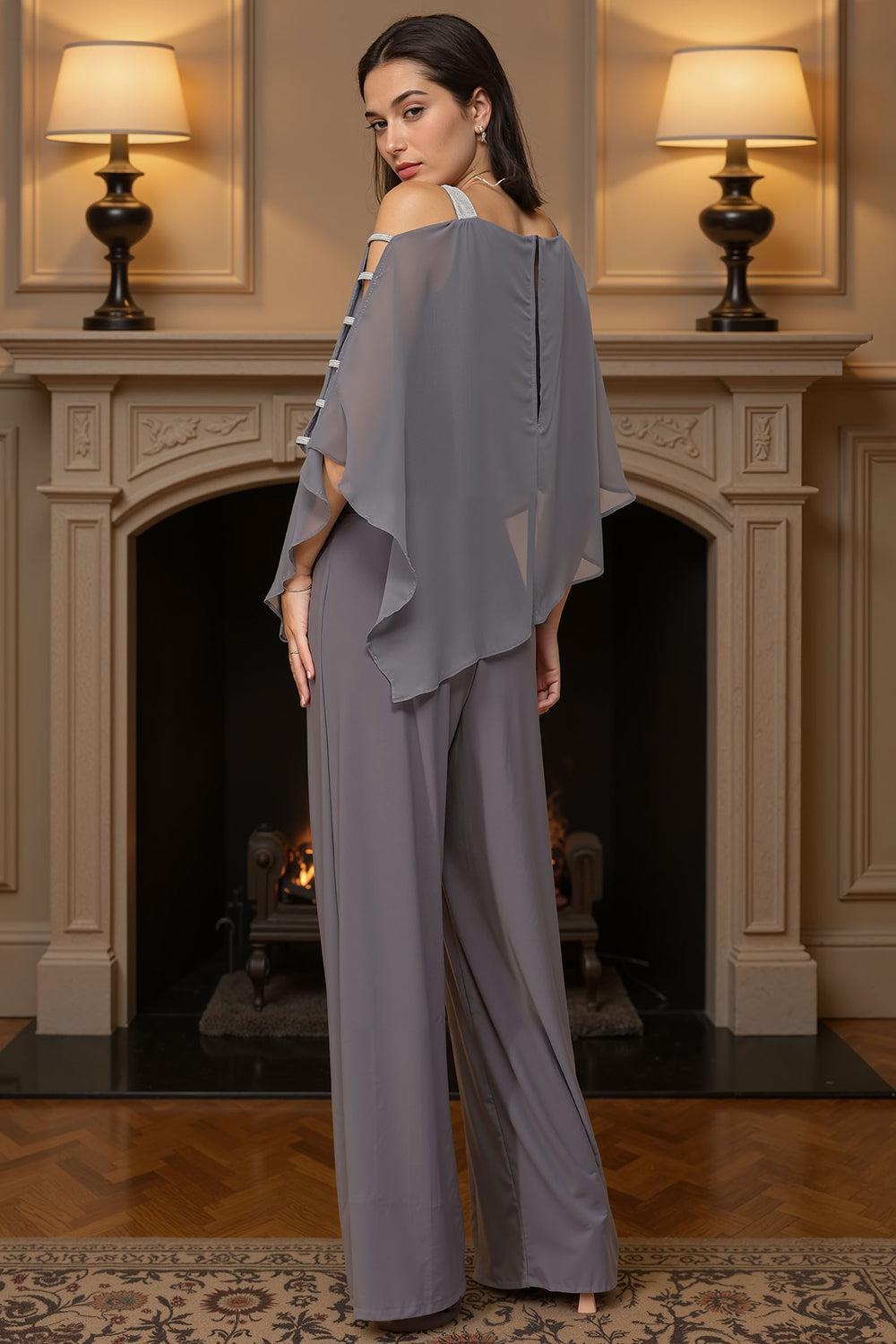 Dreamyannie Dusty Blue Chiffon Thick Straps 2 Piece Mother Of The Bride Pant Suits With Cape