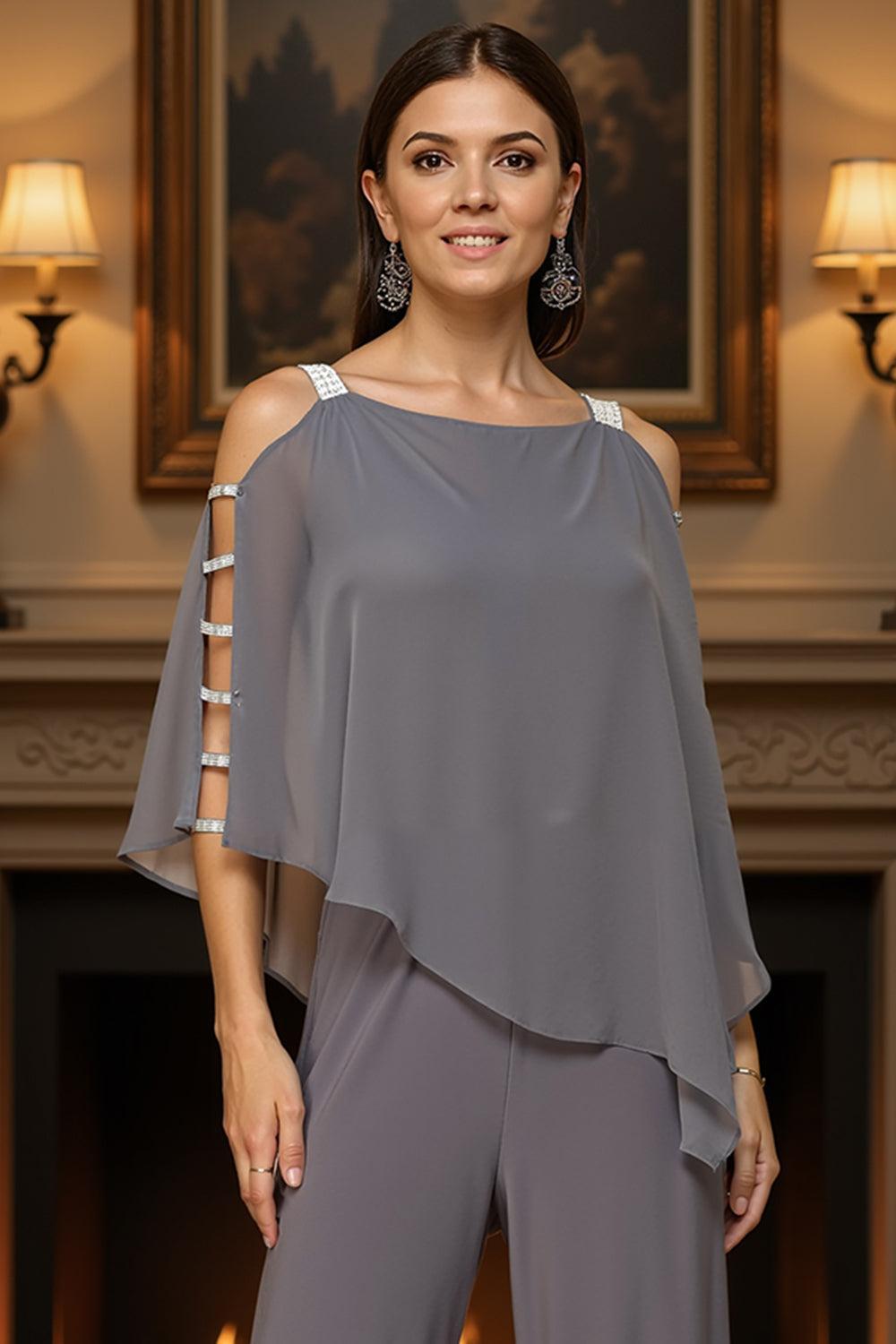 Dreamyannie Dusty Blue Chiffon Thick Straps 2 Piece Mother Of The Bride Pant Suits With Cape