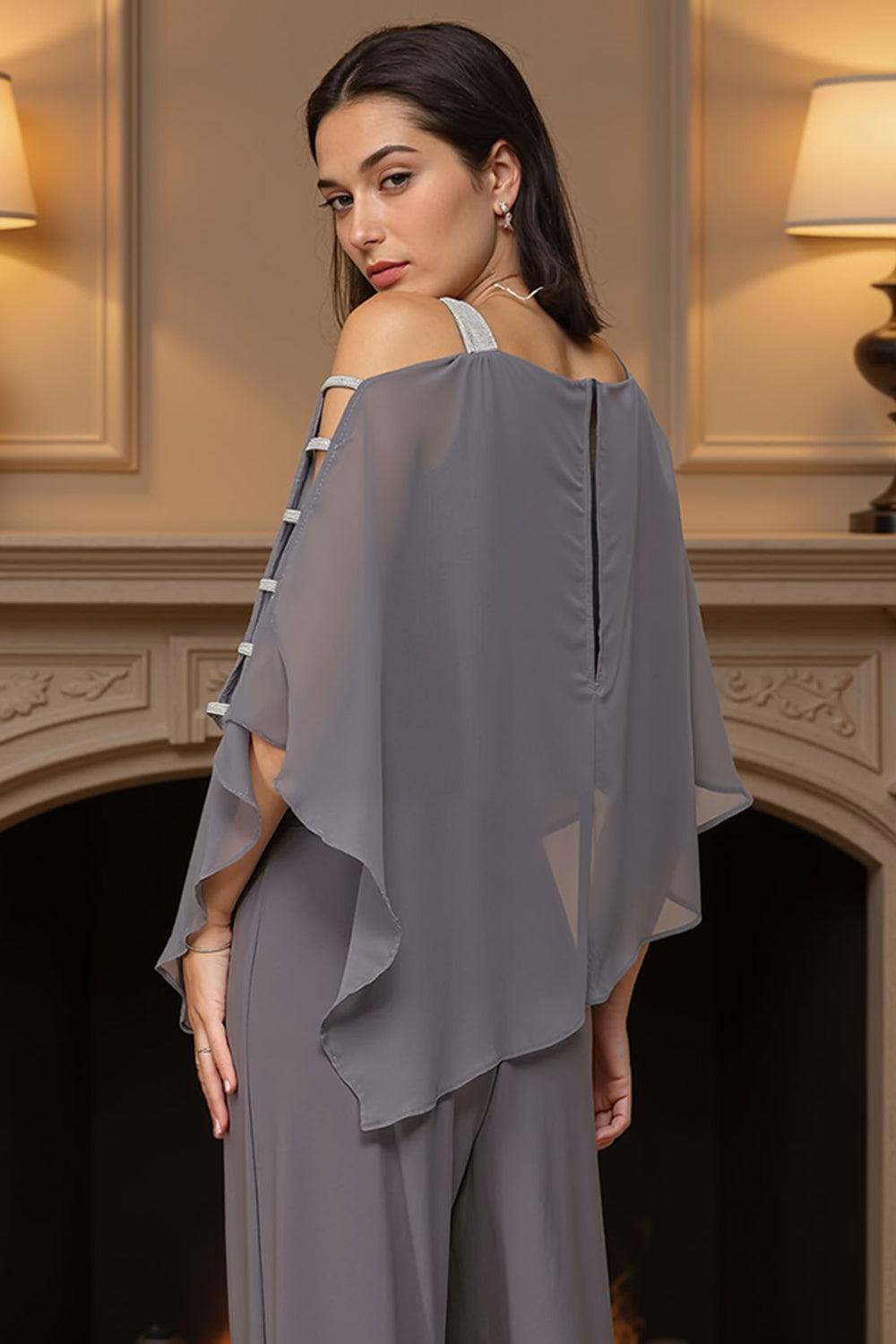 Dreamyannie Dusty Blue Chiffon Thick Straps 2 Piece Mother Of The Bride Pant Suits With Cape