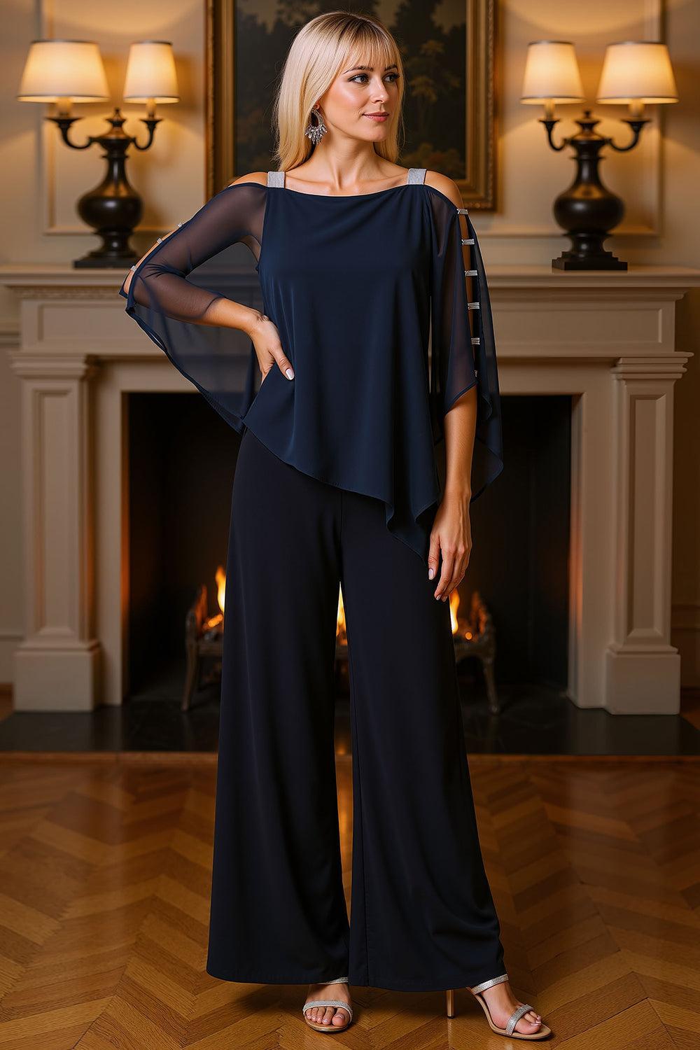 Dreamyannie Dusty Blue Chiffon Thick Straps 2 Piece Mother Of The Bride Pant Suits With Cape