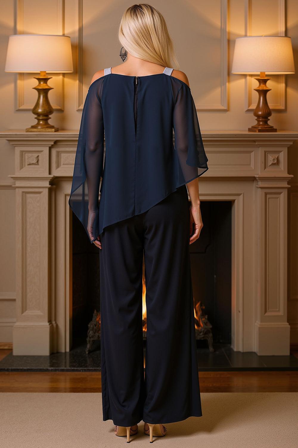 Dreamyannie Dusty Blue Chiffon Thick Straps 2 Piece Mother Of The Bride Pant Suits With Cape