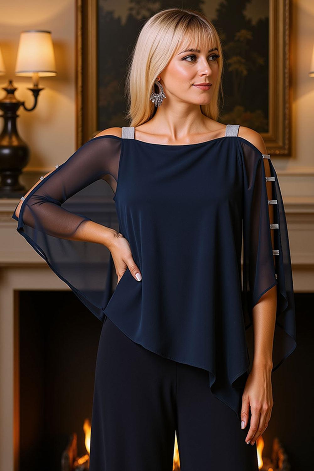 Dreamyannie Dusty Blue Chiffon Thick Straps 2 Piece Mother Of The Bride Pant Suits With Cape