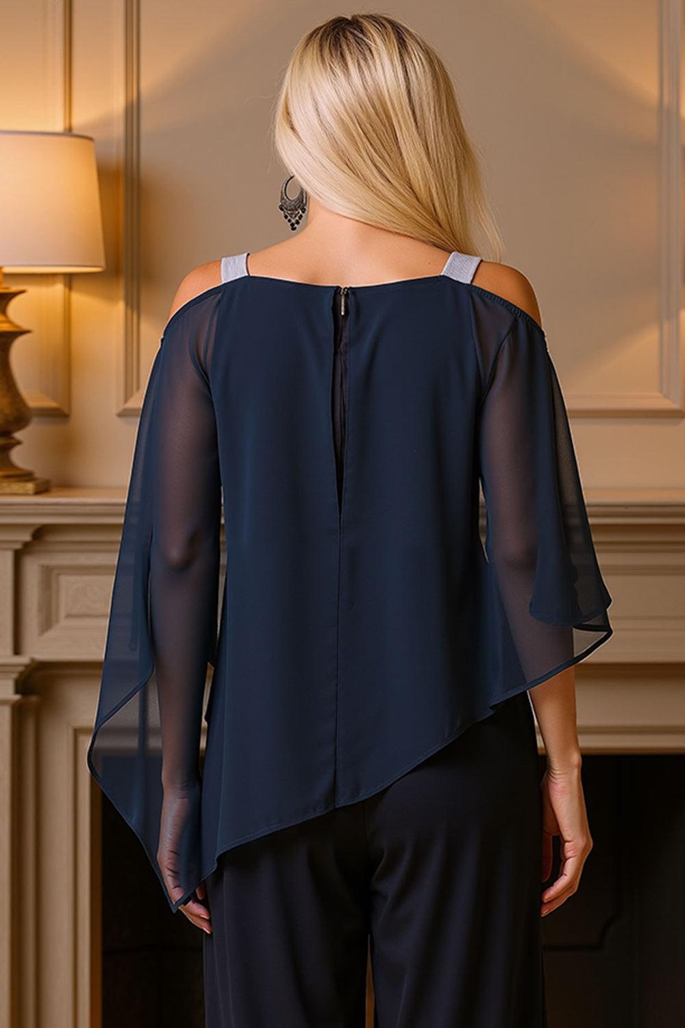 Dreamyannie Dusty Blue Chiffon Thick Straps 2 Piece Mother Of The Bride Pant Suits With Cape