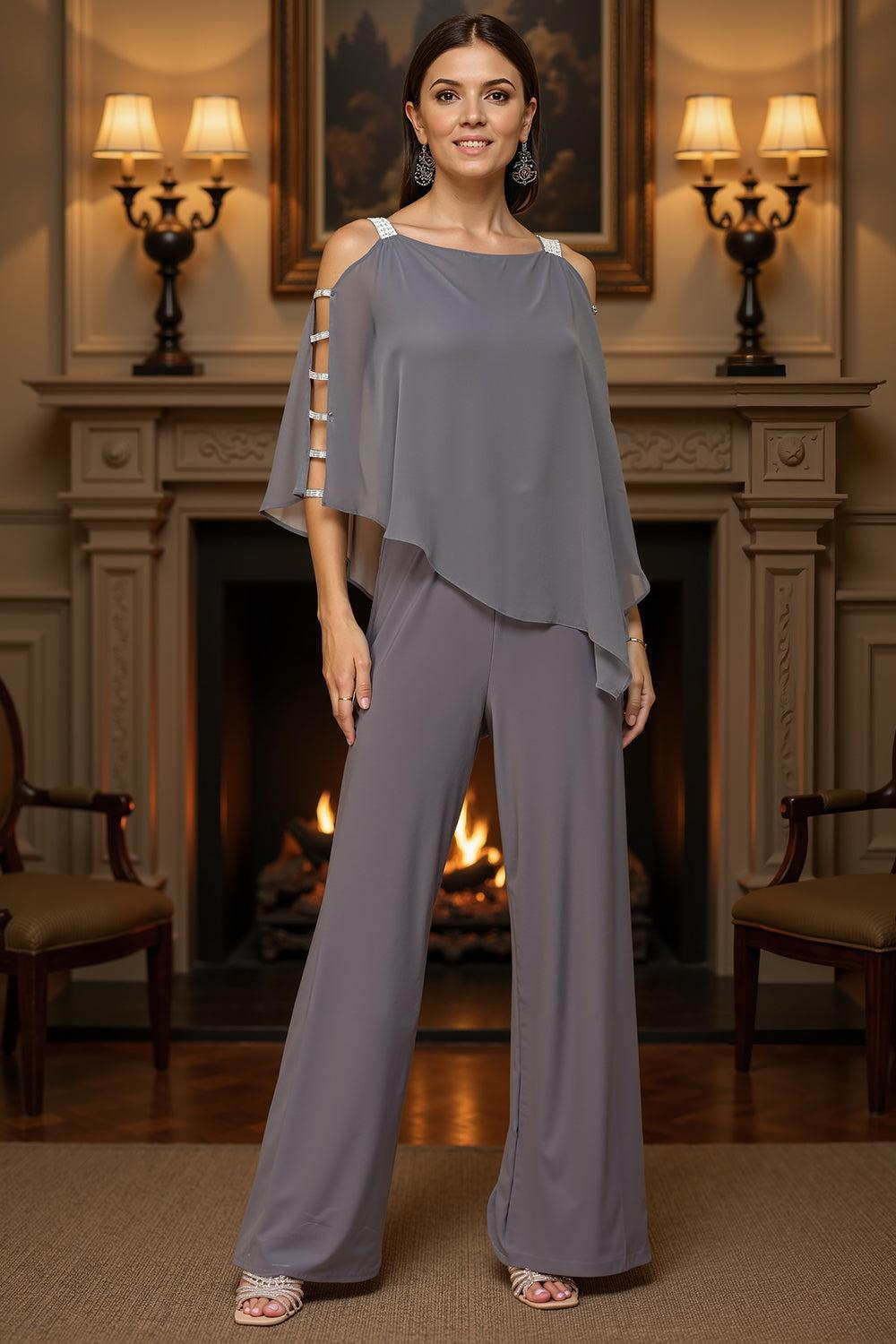 Dreamyannie Dusty Blue Chiffon Thick Straps 2 Piece Mother Of The Bride Pant Suits With Cape