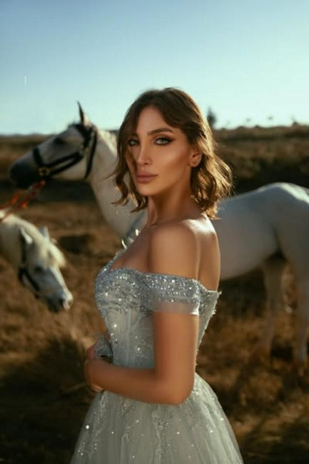 Dreamyannie Dusty Blue Prom Dress A Line Off The Shoulder Sleeveless Lace Tulle Formal Dress With Sequins