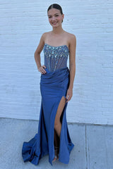 Dreamyannie Dusty Blue Prom Dress Strapless Corset Long Formal Dress With Slit