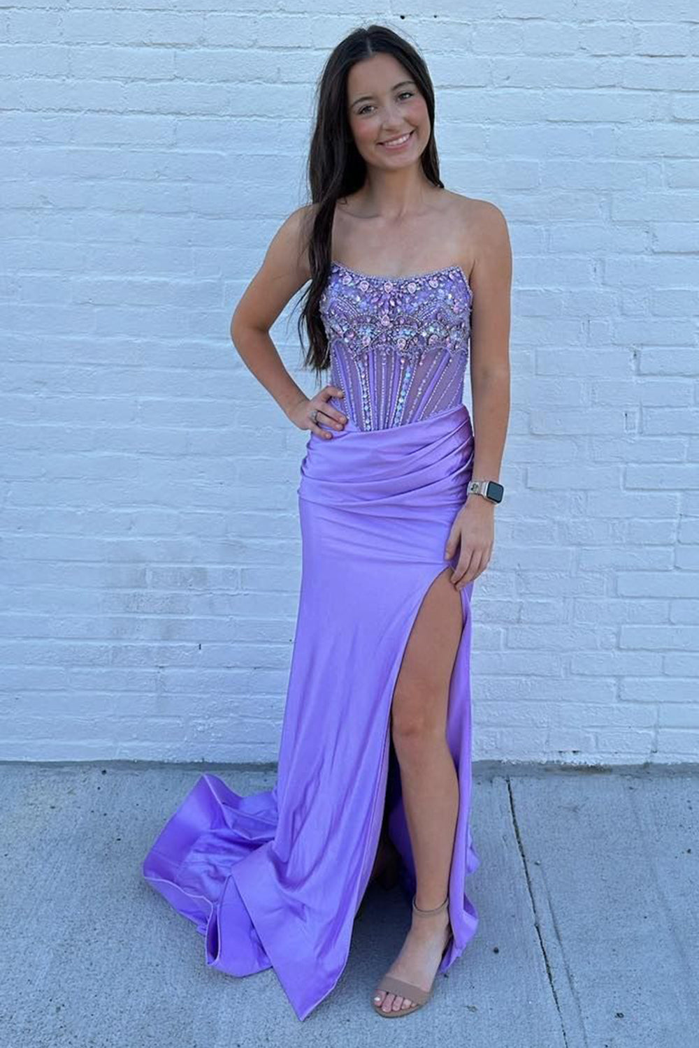 Dreamyannie Dusty Blue Prom Dress Strapless Corset Long Formal Dress With Slit