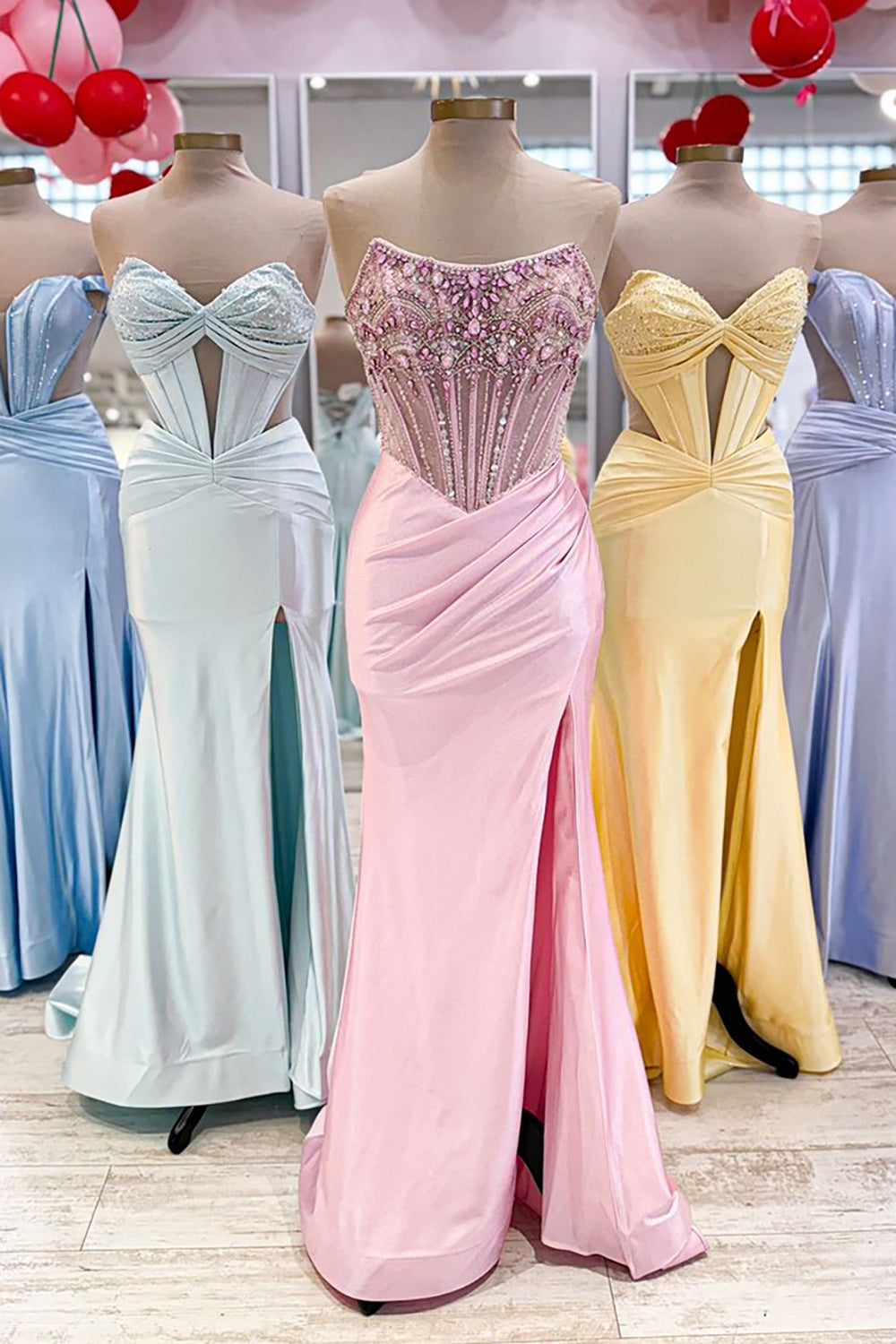 Dreamyannie Dusty Blue Prom Dress Strapless Corset Long Formal Dress With Slit