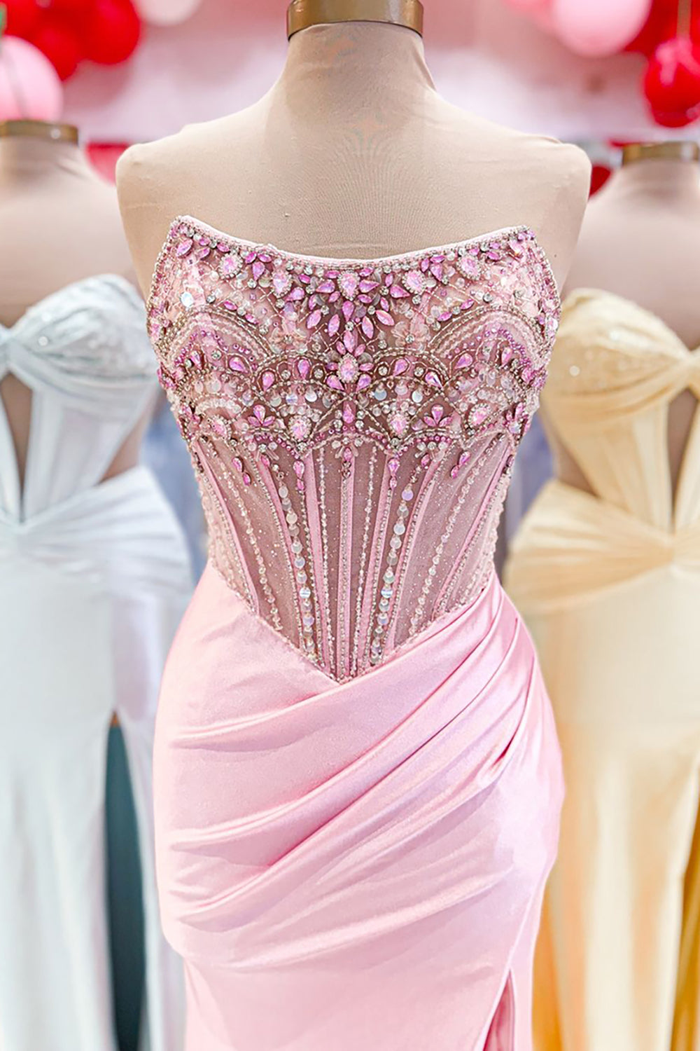 Dreamyannie Dusty Blue Prom Dress Strapless Corset Long Formal Dress With Slit