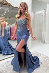 Dreamyannie Dusty Blue Prom Dress Strapless Corset Long Formal Dress With Slit