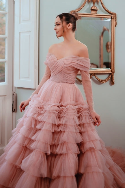 Dreamyannie Dusty Rose A Line Prom Dress Strapless Off The Shoulder Sleeves Ball Gown Tulle Formal Dress