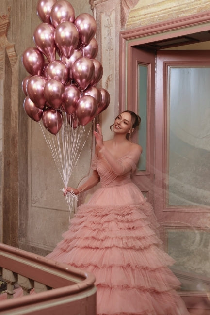 Dreamyannie Dusty Rose A Line Prom Dress Strapless Off The Shoulder Sleeves Ball Gown Tulle Formal Dress