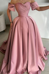 Dreamyannie Dusty Rose A Line Satin Rhinestones Formal Dress With Short Sleeves