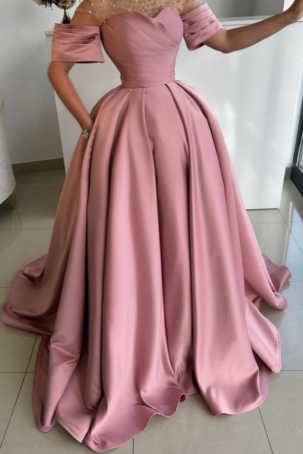 Dreamyannie Dusty Rose A Line Satin Rhinestones Formal Dress With Short Sleeves