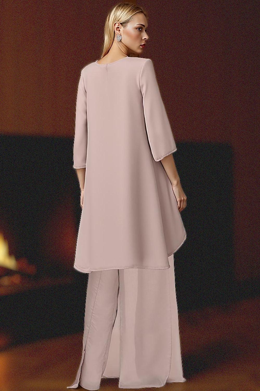 Dreamyannie Dusty Rose V Neck Chiffon 3 Piece Mother Of The Bride Pant Suits With Jacket