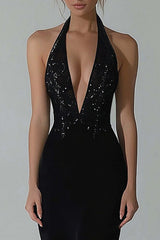 Dreamyannie Elegant Black Wedding Guest Dress Halter Mermaid Formal Dress With Slit