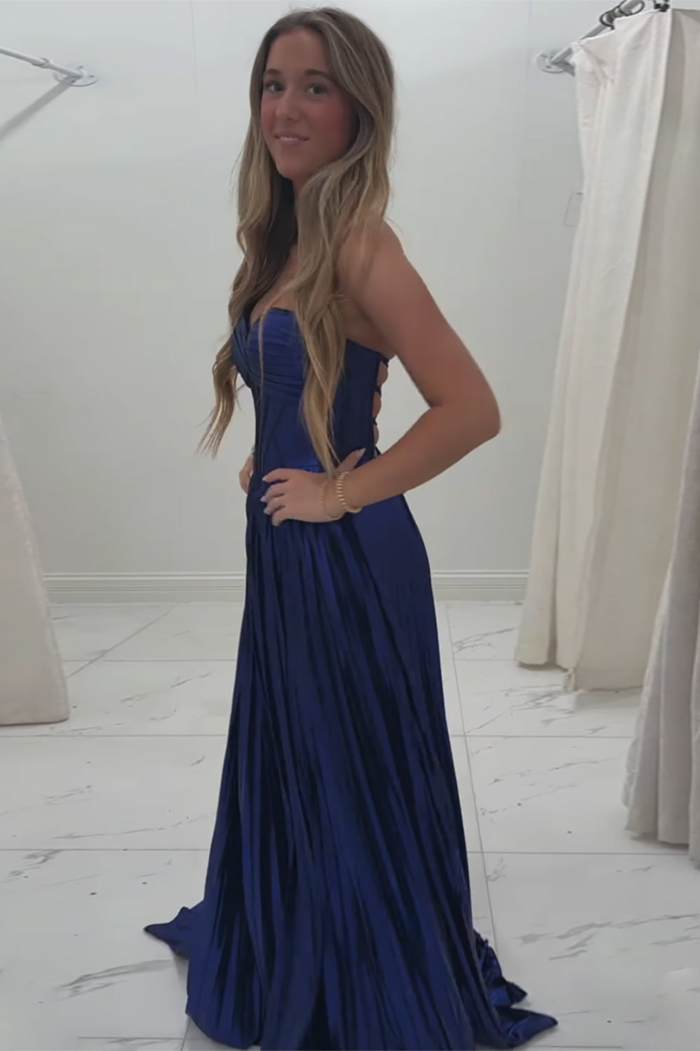 Dreamyannie Elegant Metallic Royal Blue Prom Dress Corset Formal Dress With Slit