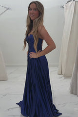 Dreamyannie Elegant Metallic Royal Blue Prom Dress Corset Formal Dress With Slit
