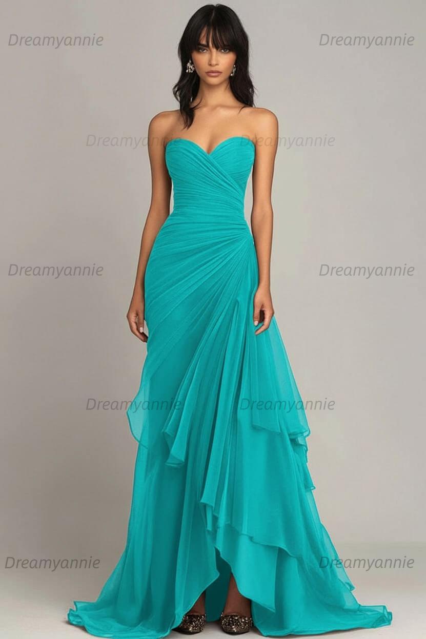 Dreamyannie Elegant Sweetheart Ruched Dark Brown Long Formal Dress With Ruffles