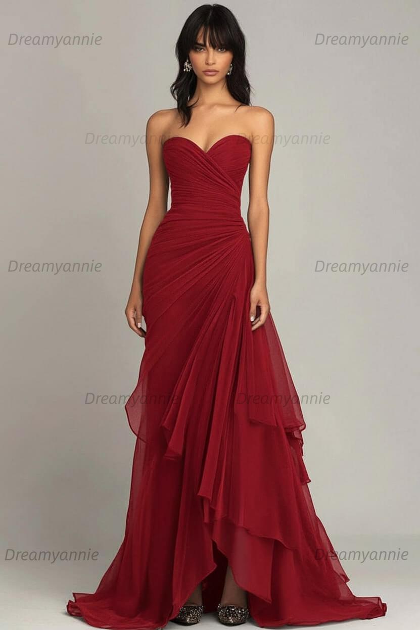 Dreamyannie Elegant Sweetheart Ruched Dark Brown Long Formal Dress With Ruffles