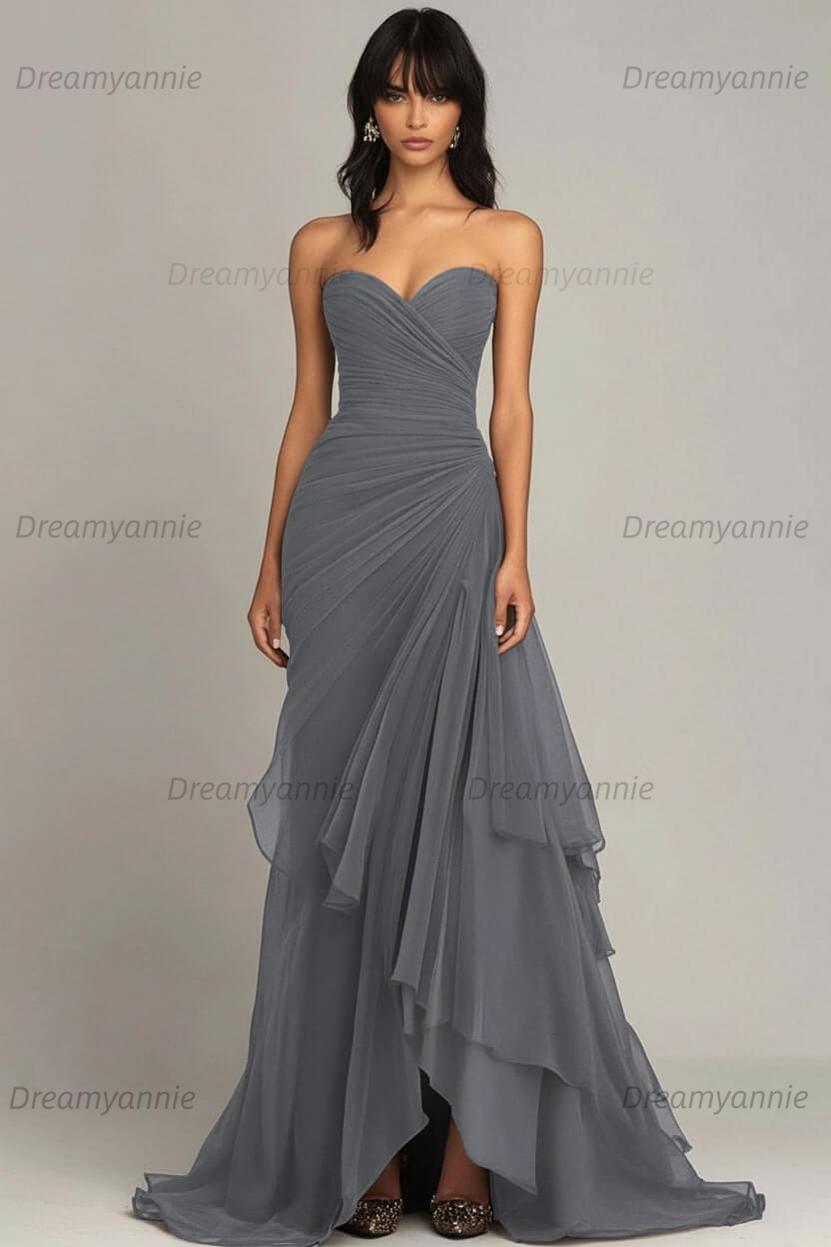 Dreamyannie Elegant Sweetheart Ruched Dark Brown Long Formal Dress With Ruffles