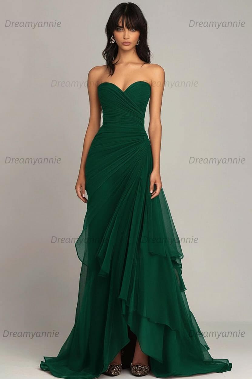 Dreamyannie Elegant Sweetheart Ruched Dark Brown Long Formal Dress With Ruffles