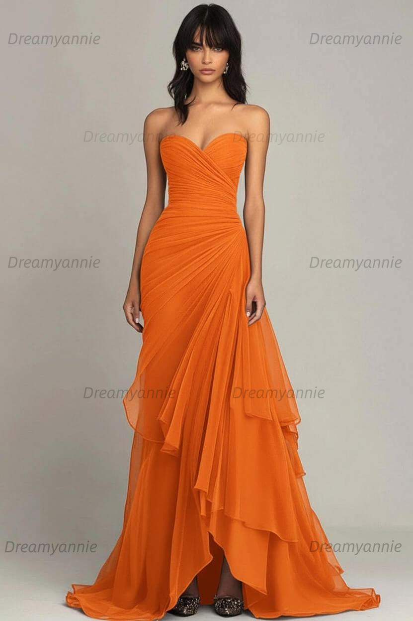 Dreamyannie Elegant Sweetheart Ruched Dark Brown Long Formal Dress With Ruffles