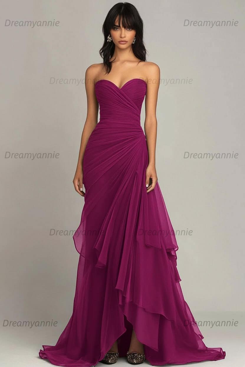 Dreamyannie Elegant Sweetheart Ruched Dark Brown Long Formal Dress With Ruffles