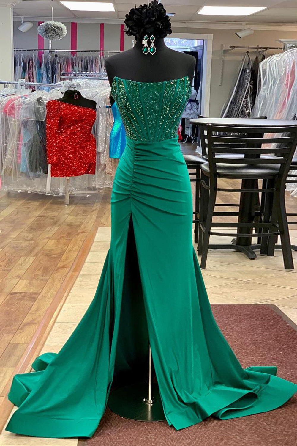 Dreamyannie Red Prom Dress Beaded Corset Mermaid Long Formal Dress With Slit