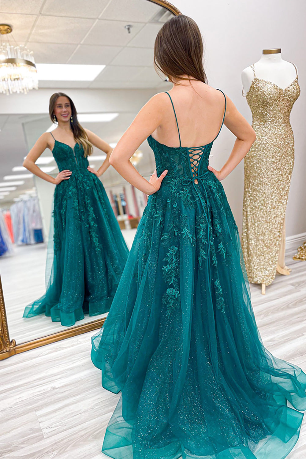 Dreamyannie Emerald Green Prom Dress Floral A-Line Spaghetti Straps Formal Dress