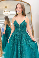 Dreamyannie Emerald Green Prom Dress Floral A-Line Spaghetti Straps Formal Dress