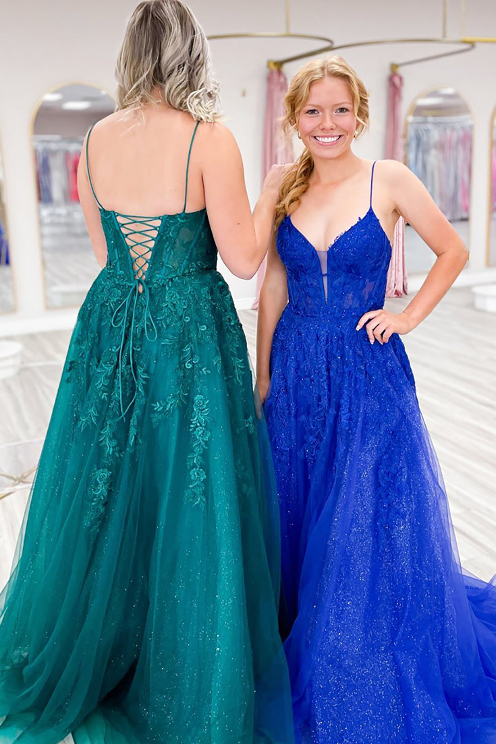 Dreamyannie Emerald Green Prom Dress Floral A-Line Spaghetti Straps Formal Dress