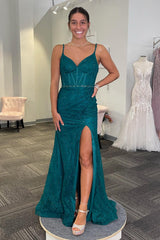 Dreamyannie Emerald Green Prom Dress Mermaid Spaghetti Straps Long Formal Dress With Slit