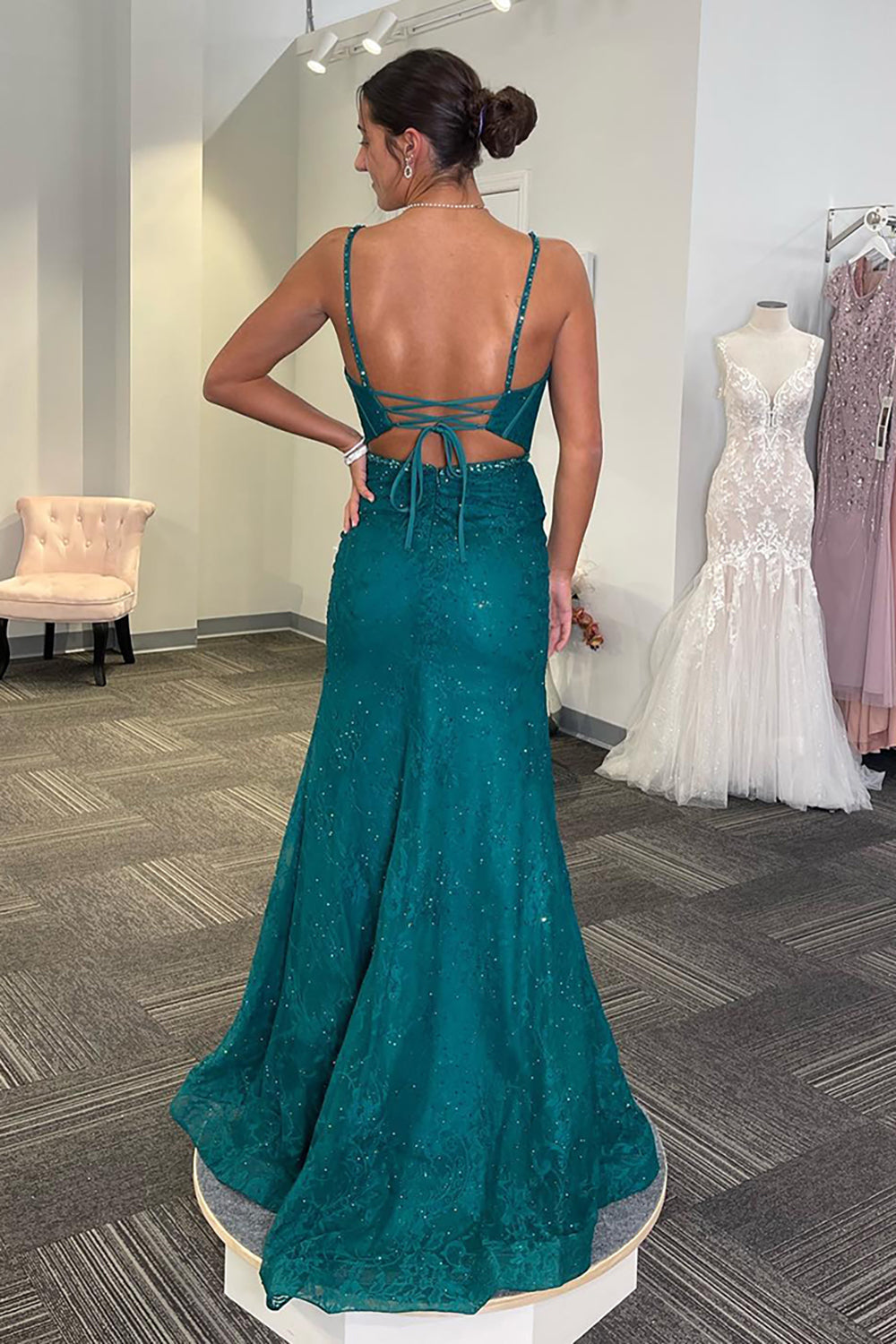 Dreamyannie Emerald Green Prom Dress Mermaid Spaghetti Straps Long Formal Dress With Slit