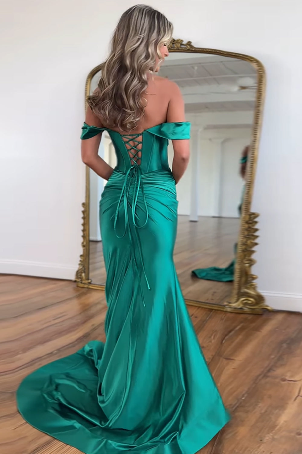 Dreamyannie Emerald Green Prom Dress Off The Shoulder Mermaid Long Formal Dress With Slit
