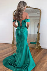 Dreamyannie Emerald Green Prom Dress Off The Shoulder Mermaid Long Formal Dress With Slit