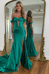 Dreamyannie Emerald Green Prom Dress Off The Shoulder Mermaid Long Formal Dress With Slit