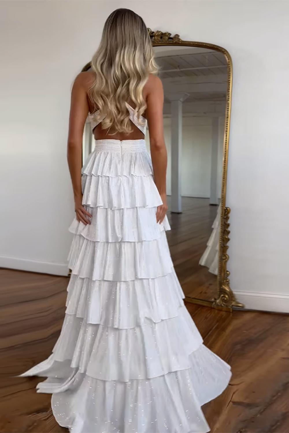 Dreamyannie Emerald Green Prom Dress Tiered A-Line Halter Long Formal Dress With Slit