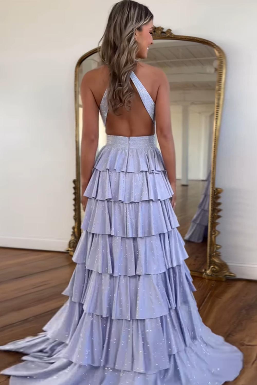 Dreamyannie Emerald Green Prom Dress Tiered A-Line Halter Long Formal Dress With Slit