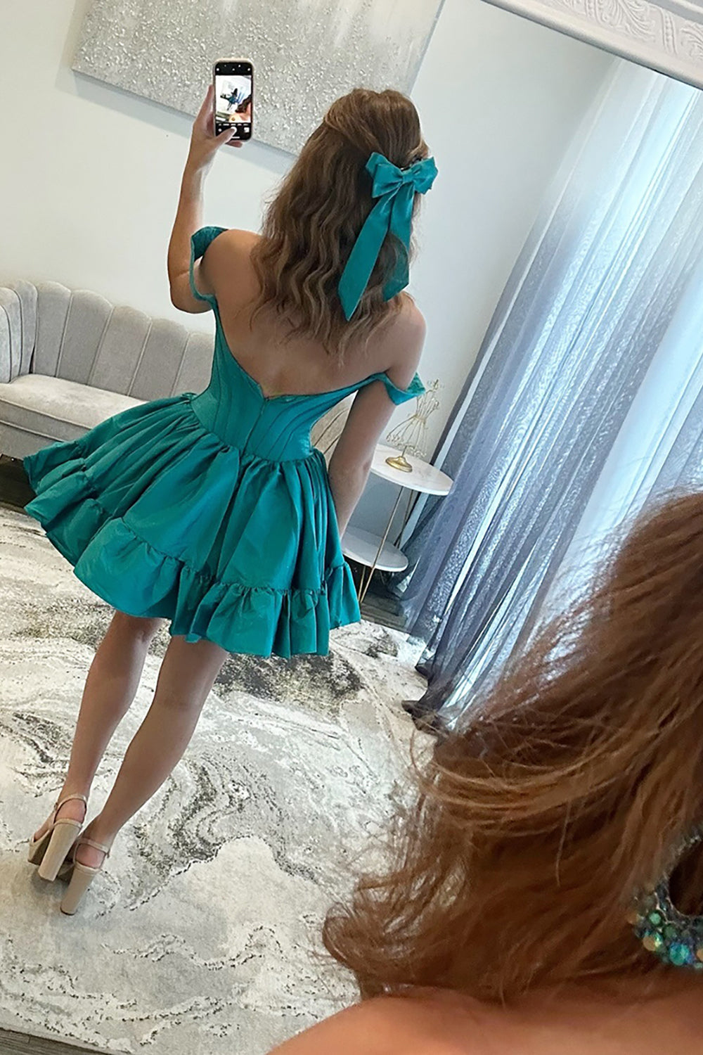 Dreamyannie Emerald Off The Shoulder Homecoming Dresses Satin Short Corset Cocktail Dresses With Ruffles