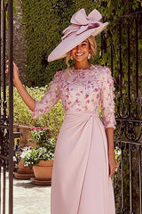 Dreamyannie Floral Dusty Rose Round Neck Ruched Midi Mother Of The Bride Dress With Sleeves